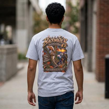 Backwater Outfitters Fishing T-Shirt — Outdoor Sunset Graphic Tee Printify