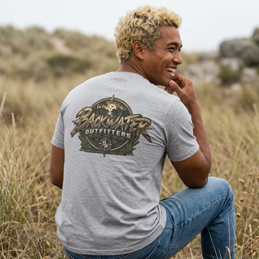 simply Backwater Outfitters Graphic T-Shirt — Vintage Fishing Outdoor Tee Printify