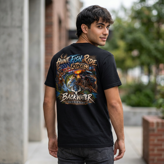 Backwater Outfitters "Hunt Fish Ride Repeat" T-Shirt Printify