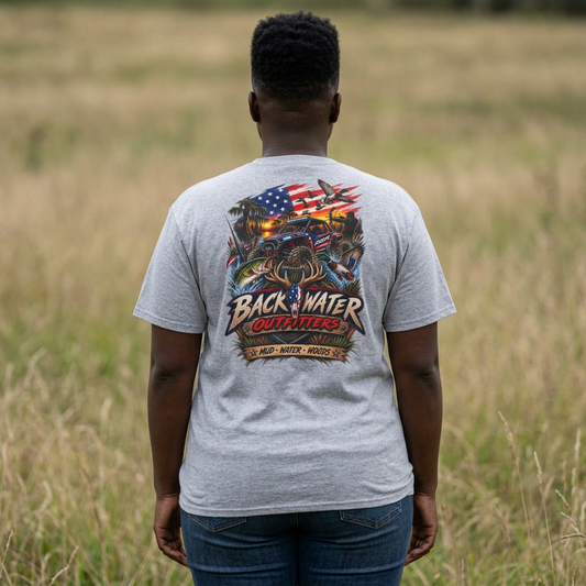 Backwater Bass Fishing T-Shirt — American Flag Boat Graphic Tee Printify