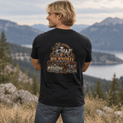 Black Big Whiskey Promotions T-shirt with James Luker Music and Backwater Outfitters artwork on the back