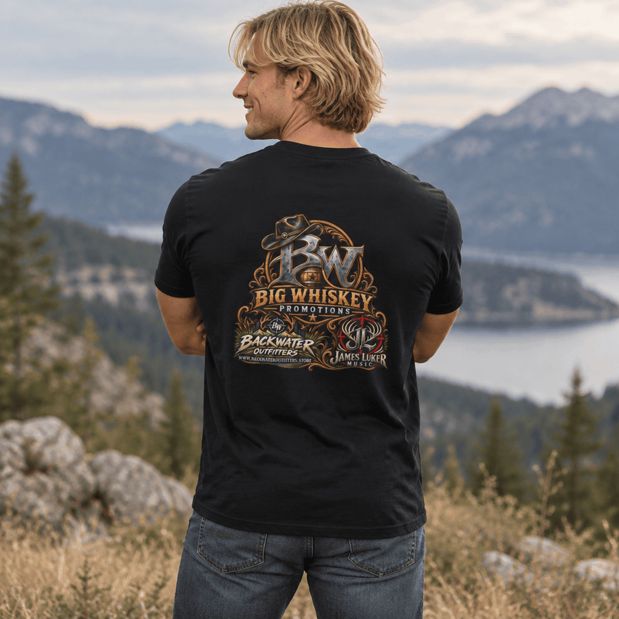 Black Big Whiskey Promotions T-shirt with James Luker Music and Backwater Outfitters artwork on the back