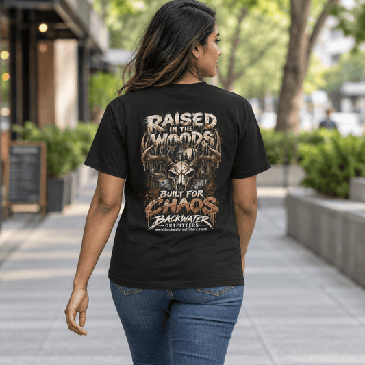 A woman viewed from behind wearing a black graphic t-shirt with a deer skull and antlers design that reads 'RAISED IN THE WOODS BUILT FOR CHAOS BACKWATER OUTFITTERS', set against a blurred outdoor sidewalk background.
