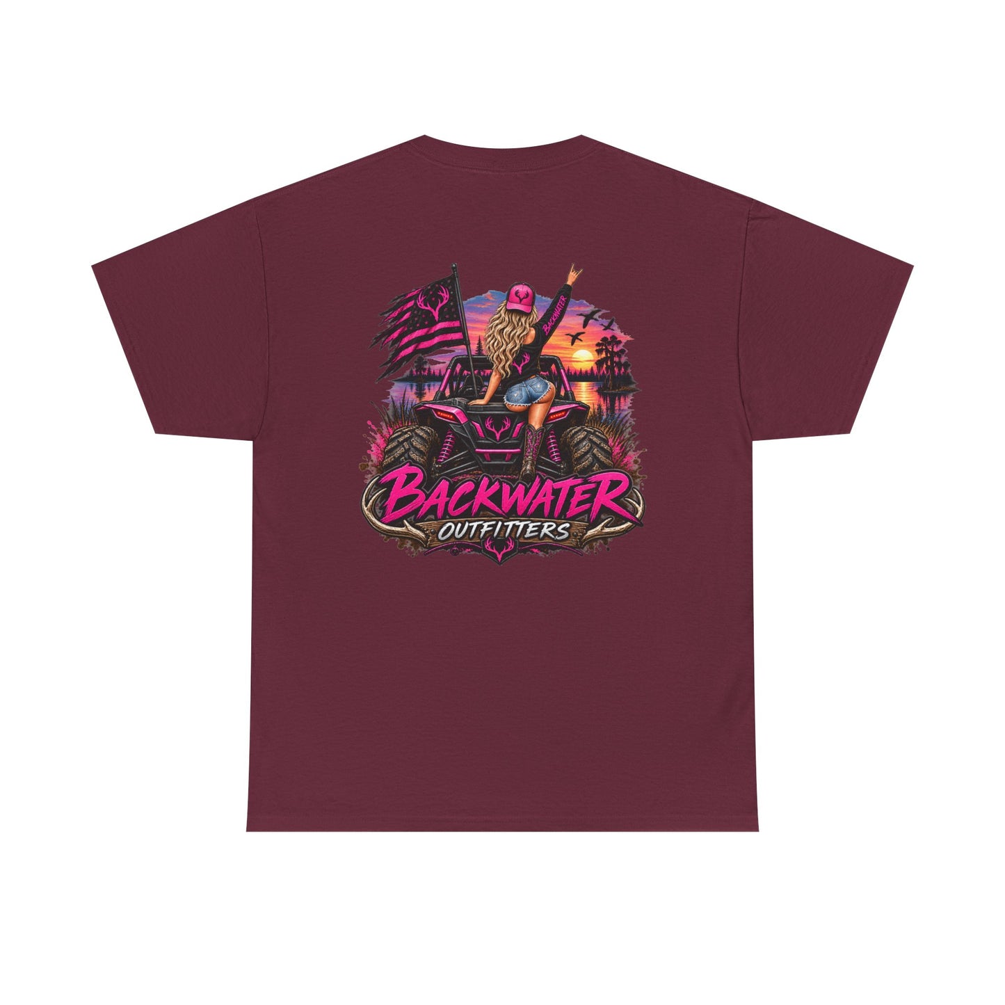 Backwater Outfitters Graphic Tee — Retro Sunset Fishing ATV Shirt
