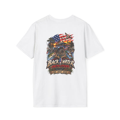 Backwater Bass Fishing T-Shirt — American Flag Boat Graphic Tee