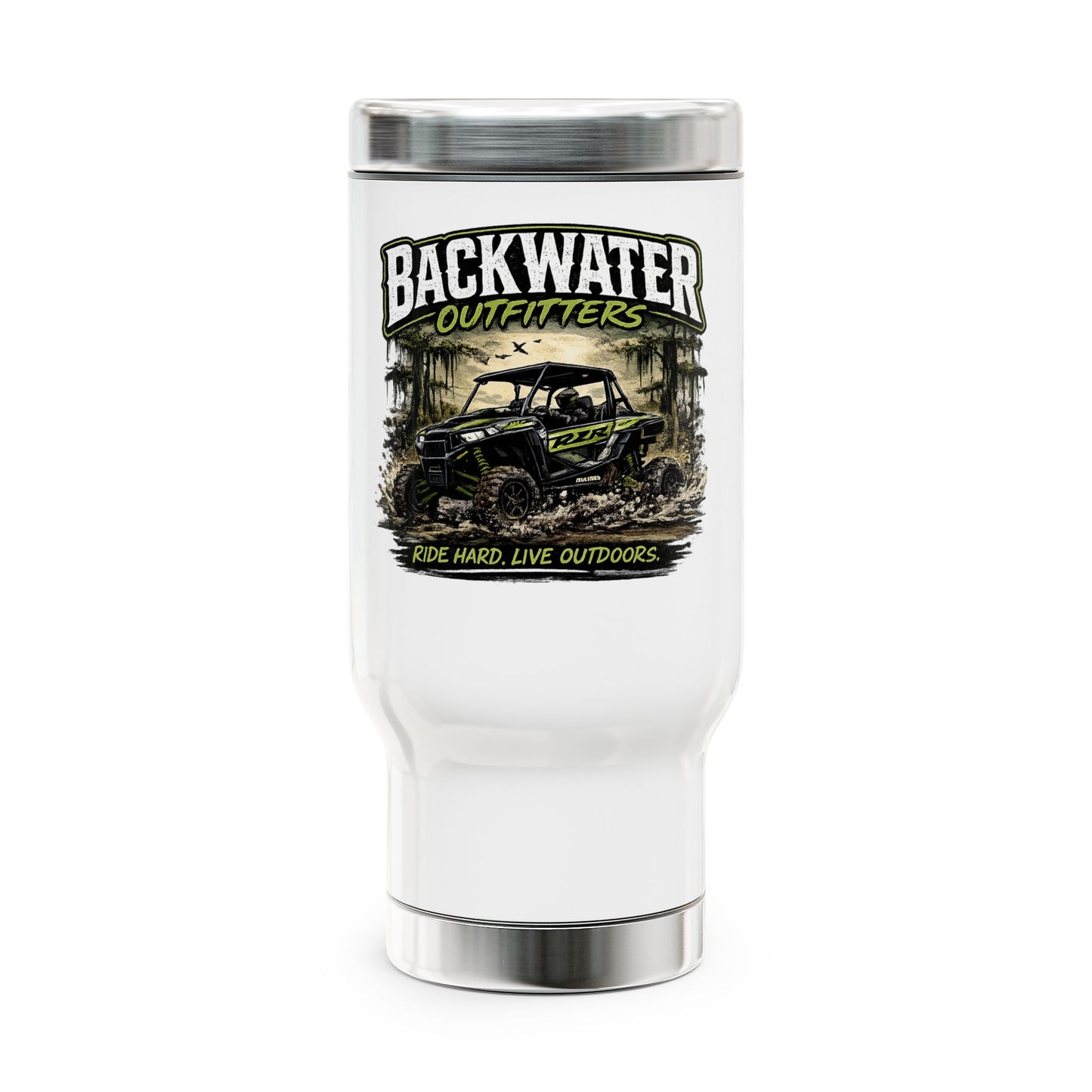 Backwater Outfitters 14oz Stainless Travel Mug — "Ride Hard, Live Outdoors" Handle Mug