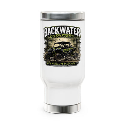 Backwater Outfitters 14oz Stainless Travel Mug — "Ride Hard, Live Outdoors" Handle Mug
