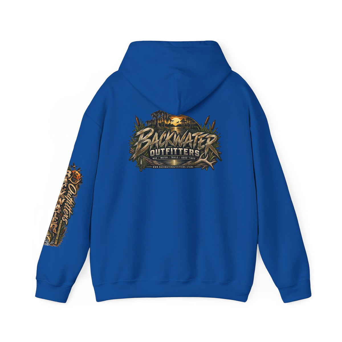 Simply Backwater Outfitters Hoodie — Outdoor Fishing Sunset Graphic Pullover Printify
