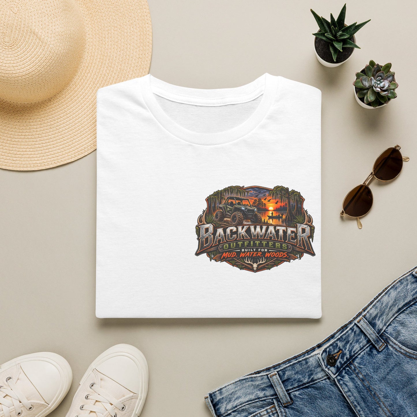 Backwater Outfitters Fishing T-Shirt — Retro Swamp Camp Logo