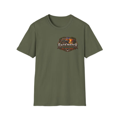 Backwater Outfitters Fishing T-Shirt — Rustic Boat & Campfire Graphic