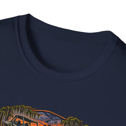 Backwater Outfitters Fishing T‑Shirt — "Raised on Backwater" Bass & Sunset Graphic Printify