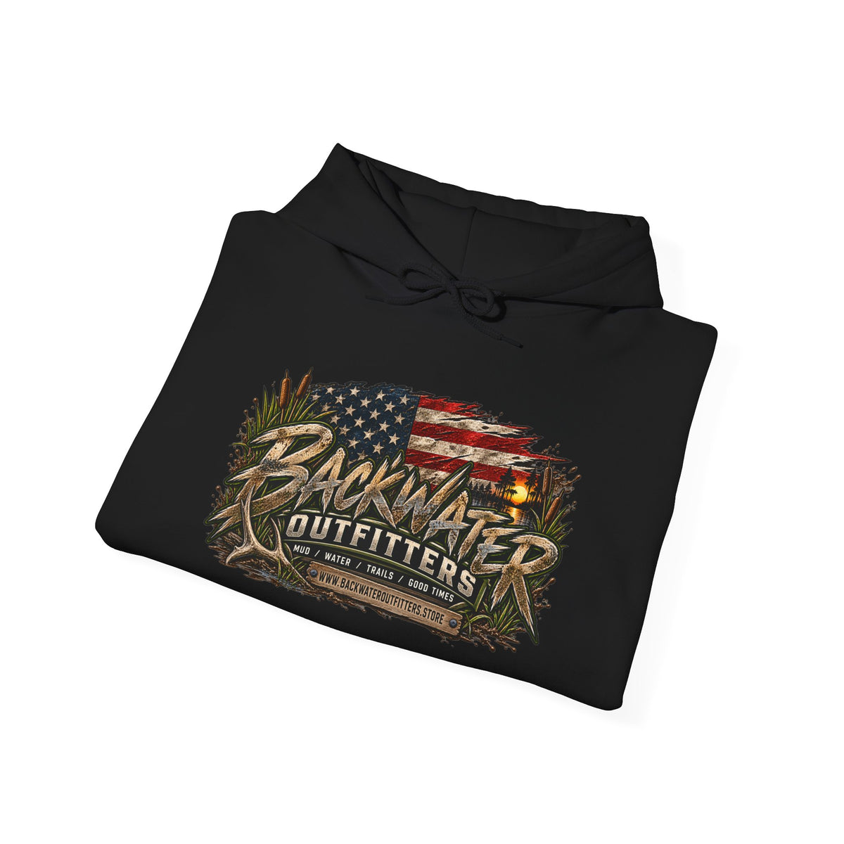 Backwater Outfitters Hoodie — American Flag Outdoor Fishing & Off-Road Pullover Printify