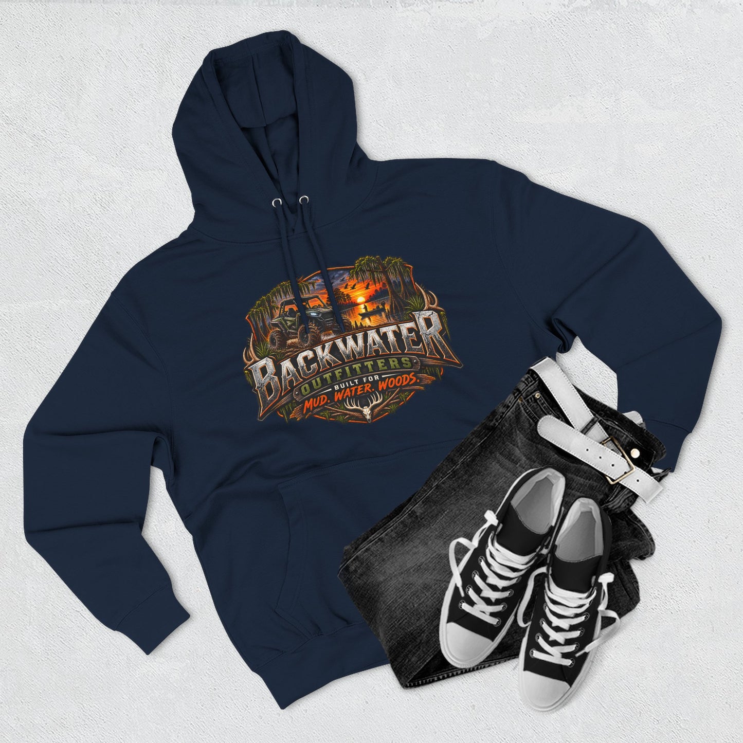 Backwater Outfitters Hoodie — Ride It, Hunt It, Fish It Graphic Pullover