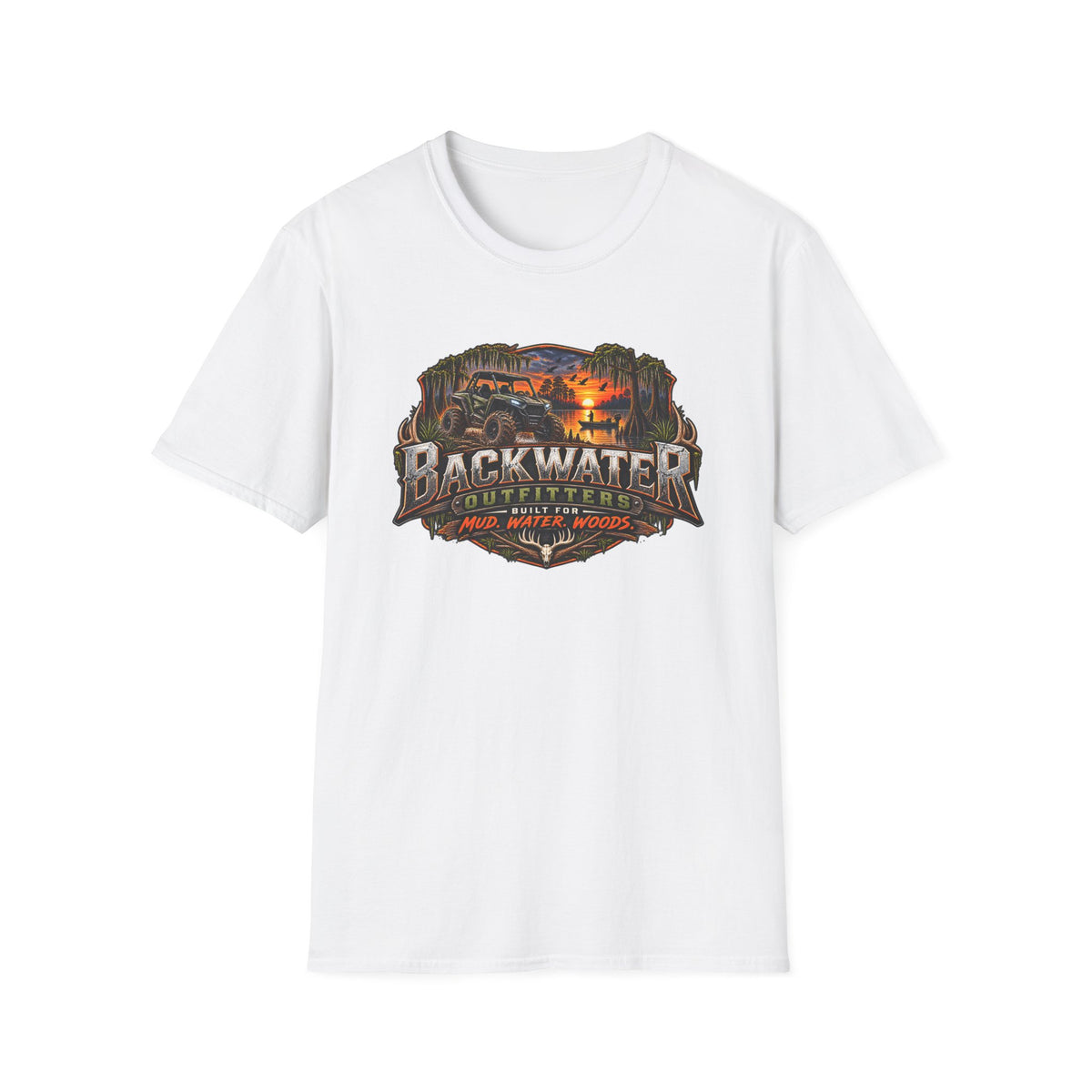 Backwater Outfitters Fishing T‑Shirt — "Raised on Backwater" Bass & Sunset Graphic Printify
