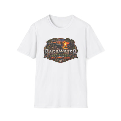 Backwater Outfitters Fishing T‑Shirt — "Raised on Backwater" Bass & Sunset Graphic Printify