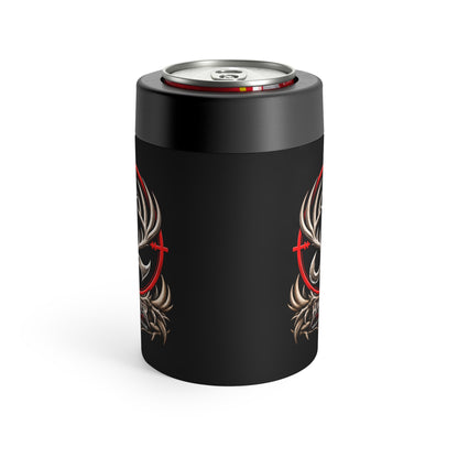 James Luker Can Cooler — Dark Deer Skull with Antlers & Crossed Flags Can Holder Printify