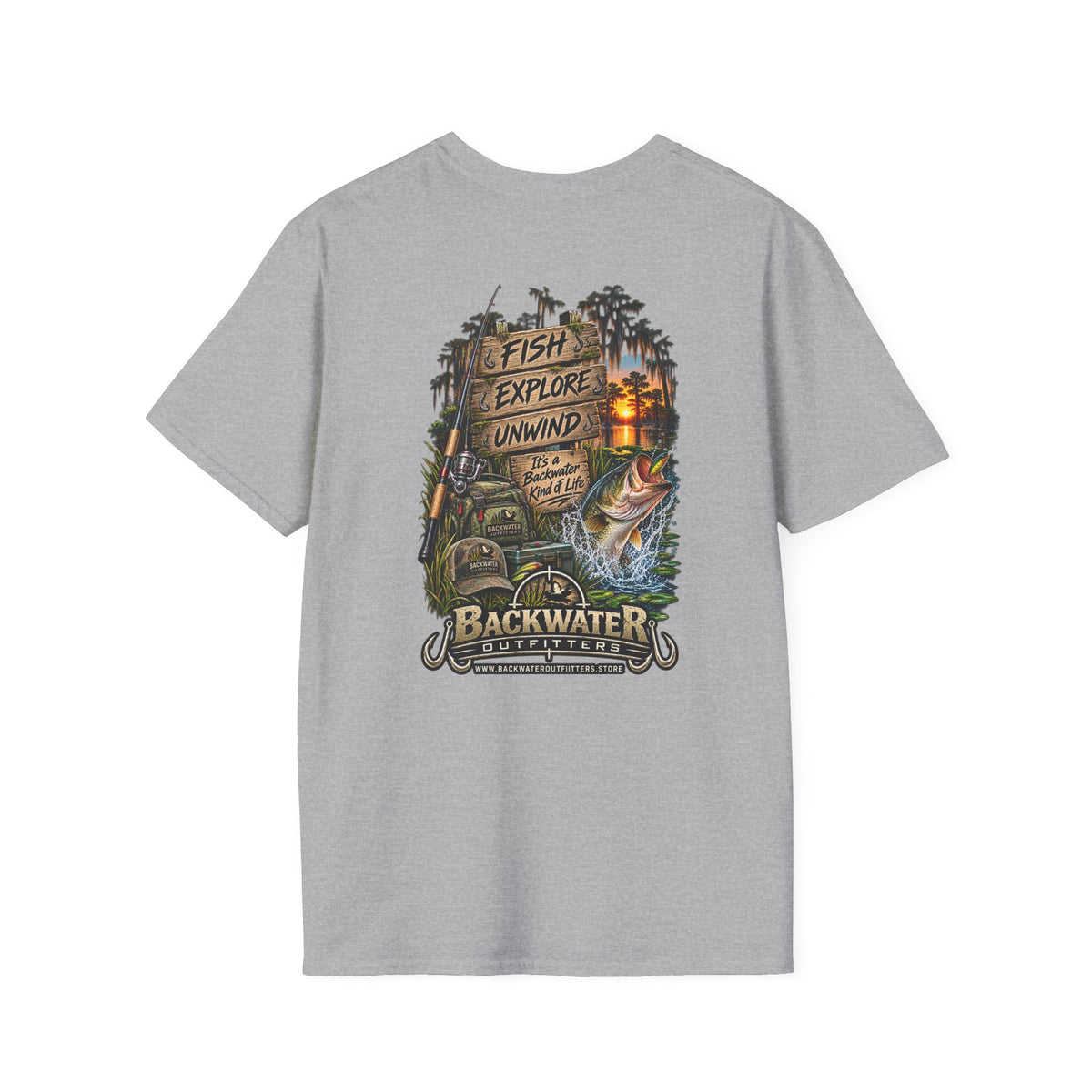 Backwater Fishing T-Shirt — "Fish Explore Unwind" Outdoor Angler Tee Printify