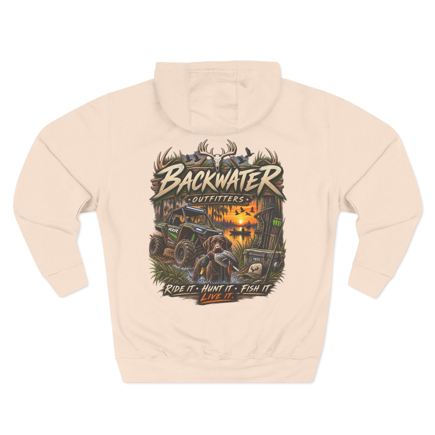 Backwater Outfitters Hoodie — Ride It, Hunt It, Fish It Graphic Pullover