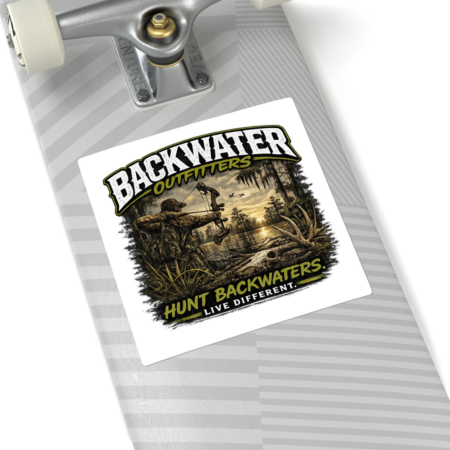 Backwater Outfitters Square Sticker — 'Hunt Backwaters. Live Different.' Outdoor Hunting Decal