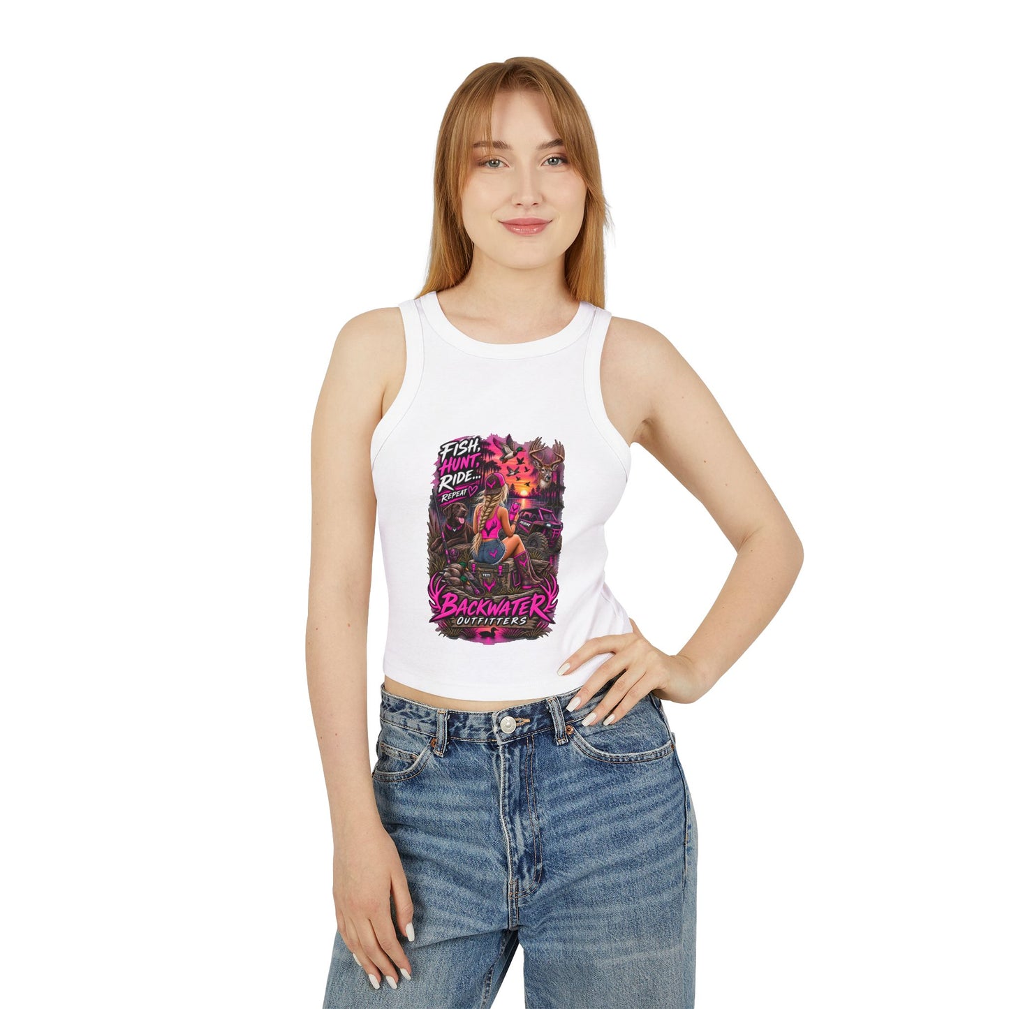 Backwater Outfitters Fish Hunt Ride Tank — Women's Graphic Racer Crop Top