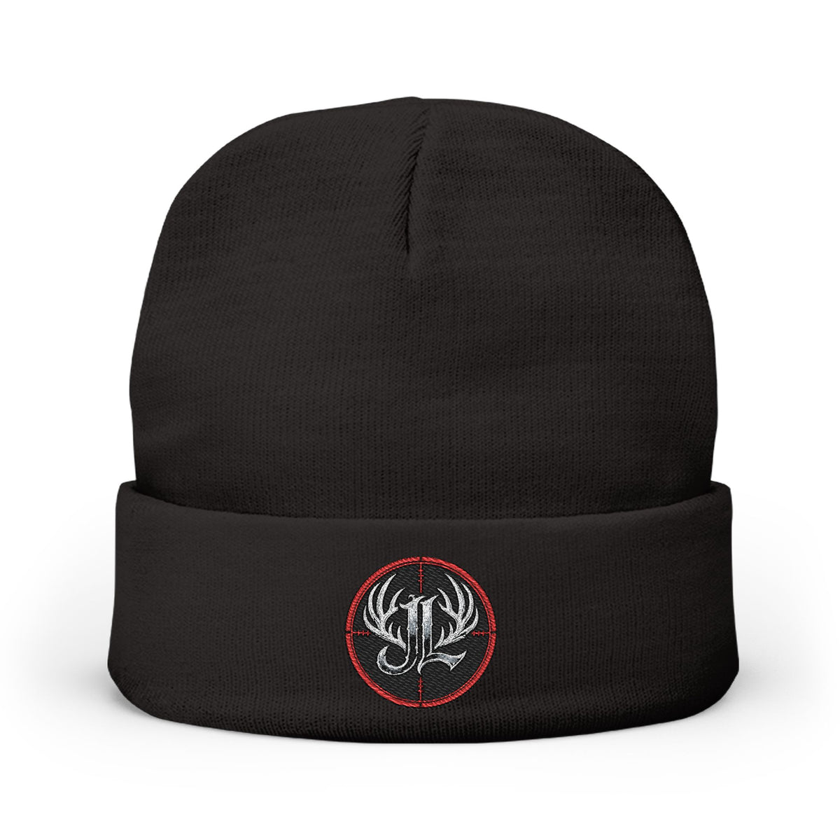 James Luker Embroidered Skull Antlers Knit Beanie — Winter Hat with Gothic Logo Printify