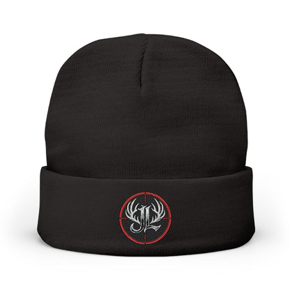 James Luker Embroidered Skull Antlers Knit Beanie — Winter Hat with Gothic Logo Printify