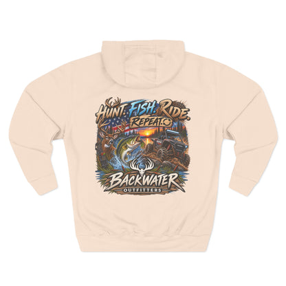 Backwater Outfitters Hoodie — "Hunt Fish Ride Repeat" Outdoor Graphic Pullover