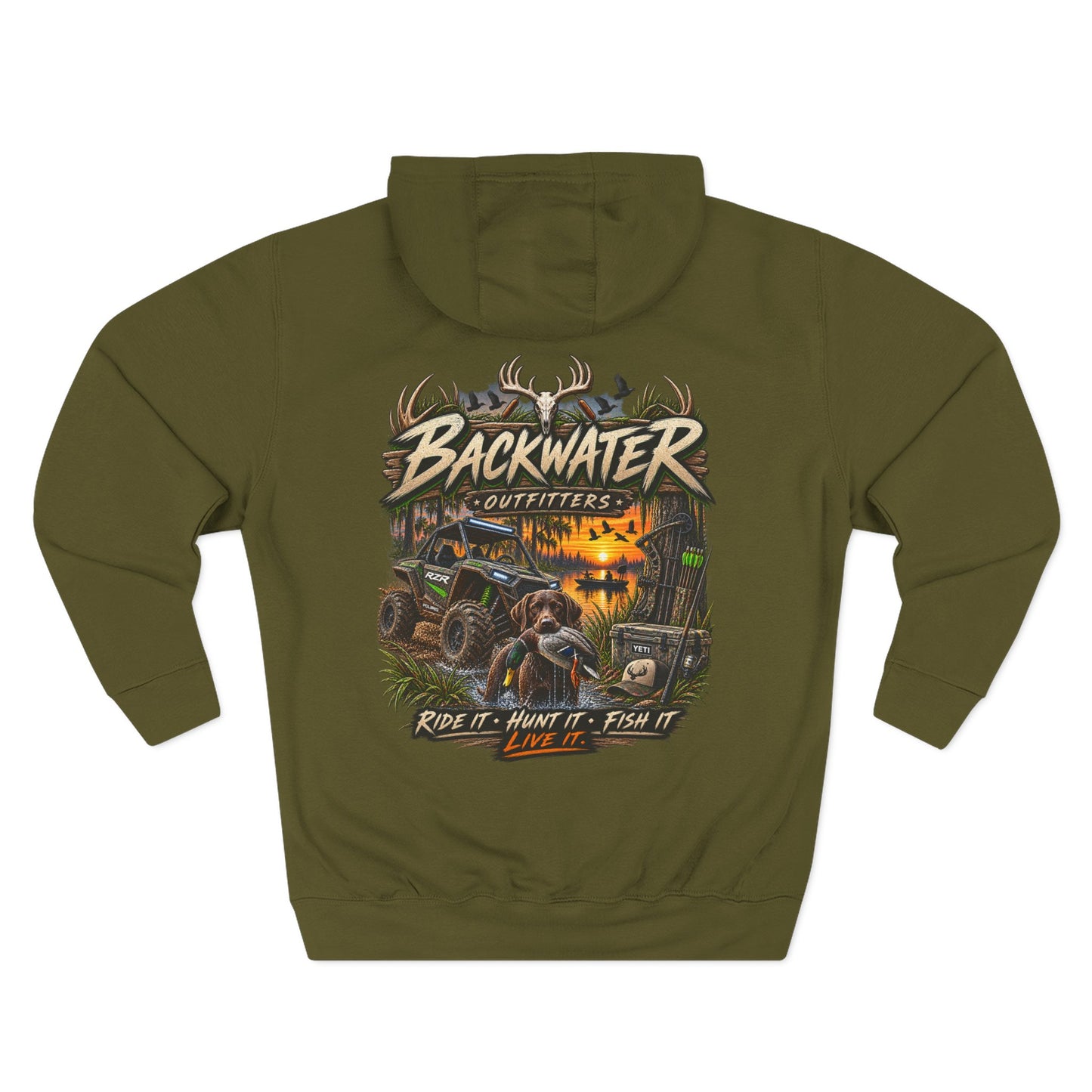 Backwater Outfitters Hoodie — 'Ride It • Hunt It • Fish It' Outdoor Pullover