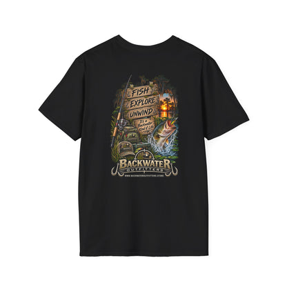 Backwater Fishing T-Shirt — "Fish Explore Unwind" Outdoor Angler Tee Printify
