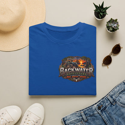 Backwater Outfitters Fishing T-Shirt — Rustic Boat & Campfire Graphic