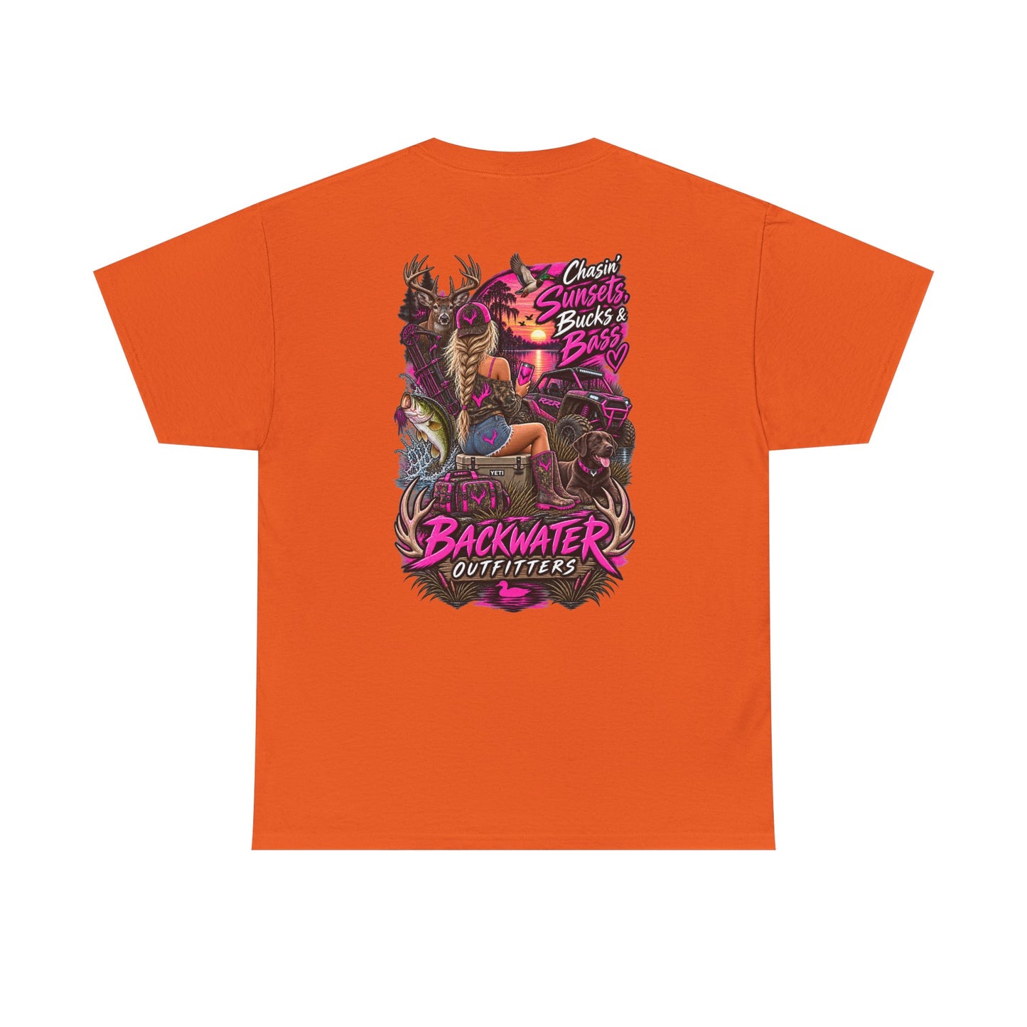 Backwater Outfitters Bass Fishing T‑Shirt — Sunset, Bucks & Bass Graphic Tee