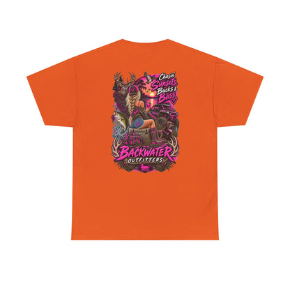 Backwater Outfitters Bass Fishing T‑Shirt — Sunset, Bucks & Bass Graphic Tee