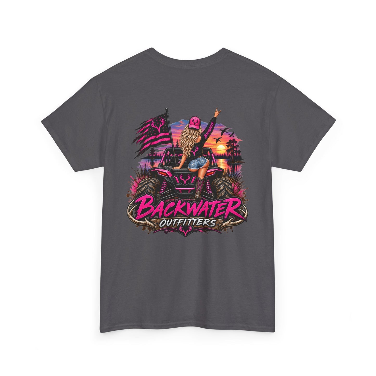 Backwater Outfitters Graphic Tee — Retro Sunset Fishing ATV Shirt
