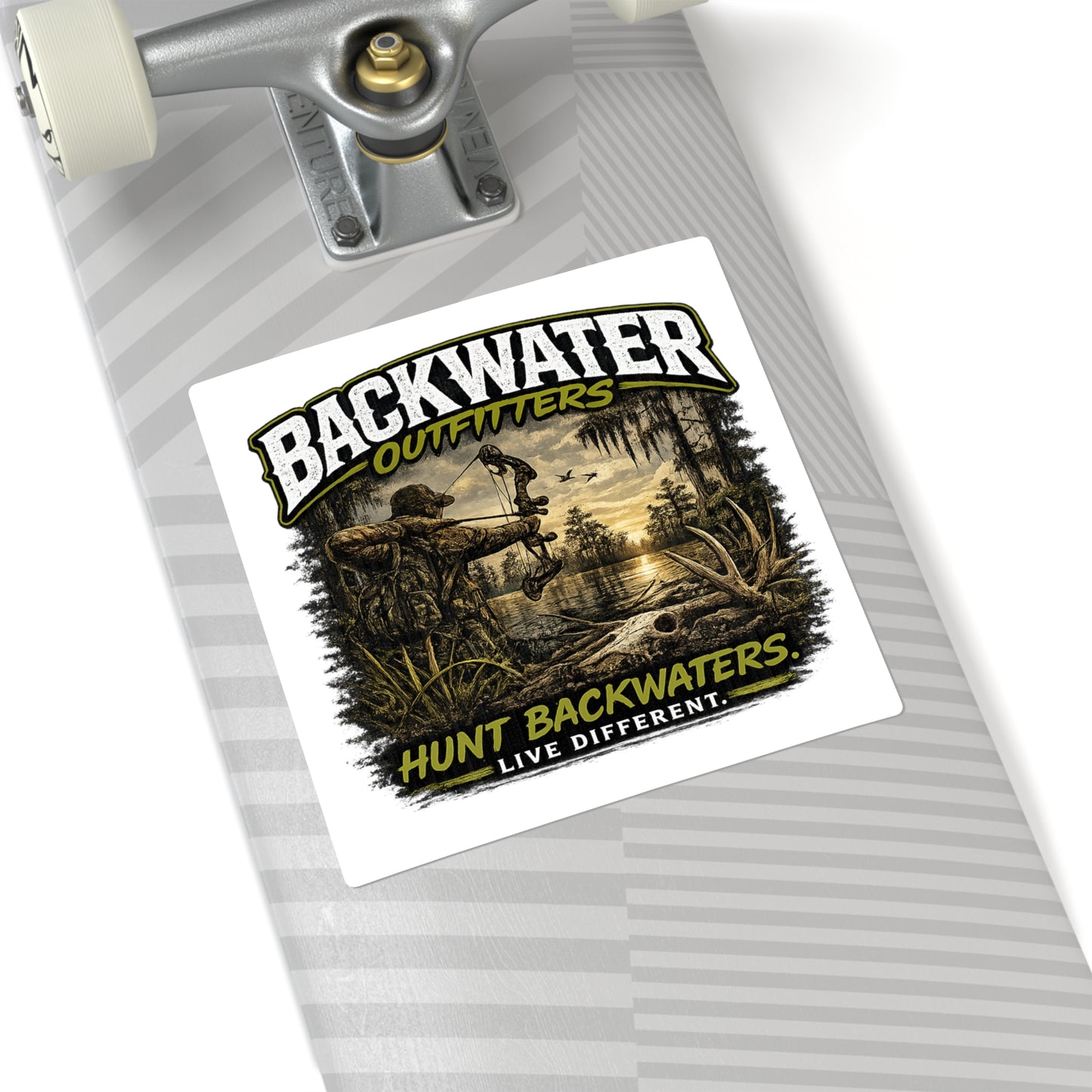Backwater Outfitters Square Sticker — “Hunt Backwaters. Live Different.” Outdoor Hunting Decal
