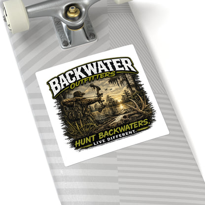 Backwater Outfitters Square Sticker — “Hunt Backwaters. Live Different.” Outdoor Hunting Decal