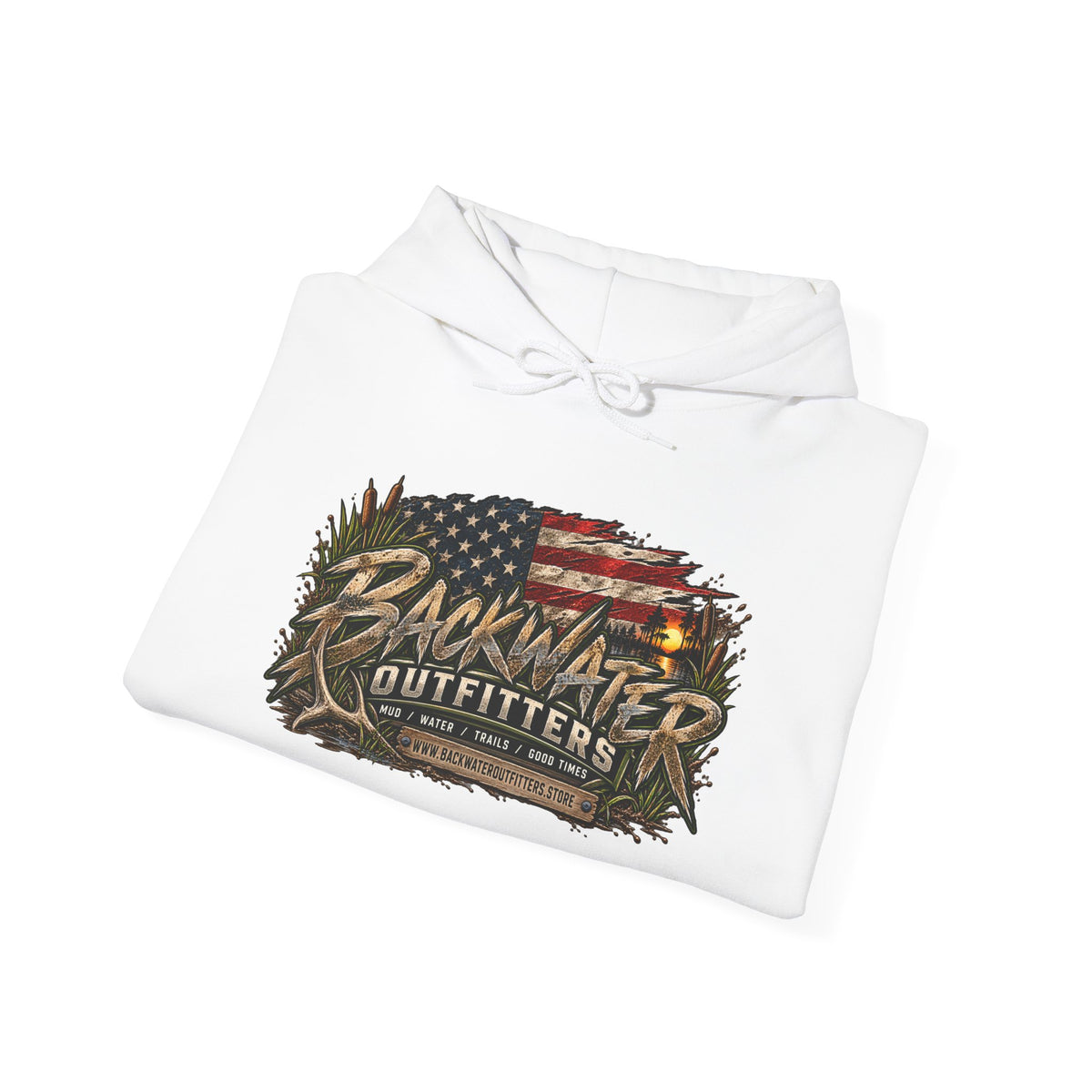 Backwater Outfitters Hoodie — American Flag Outdoor Fishing & Off-Road Pullover Printify