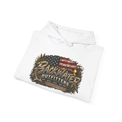 Backwater Outfitters Hoodie — American Flag Outdoor Fishing & Off-Road Pullover Printify