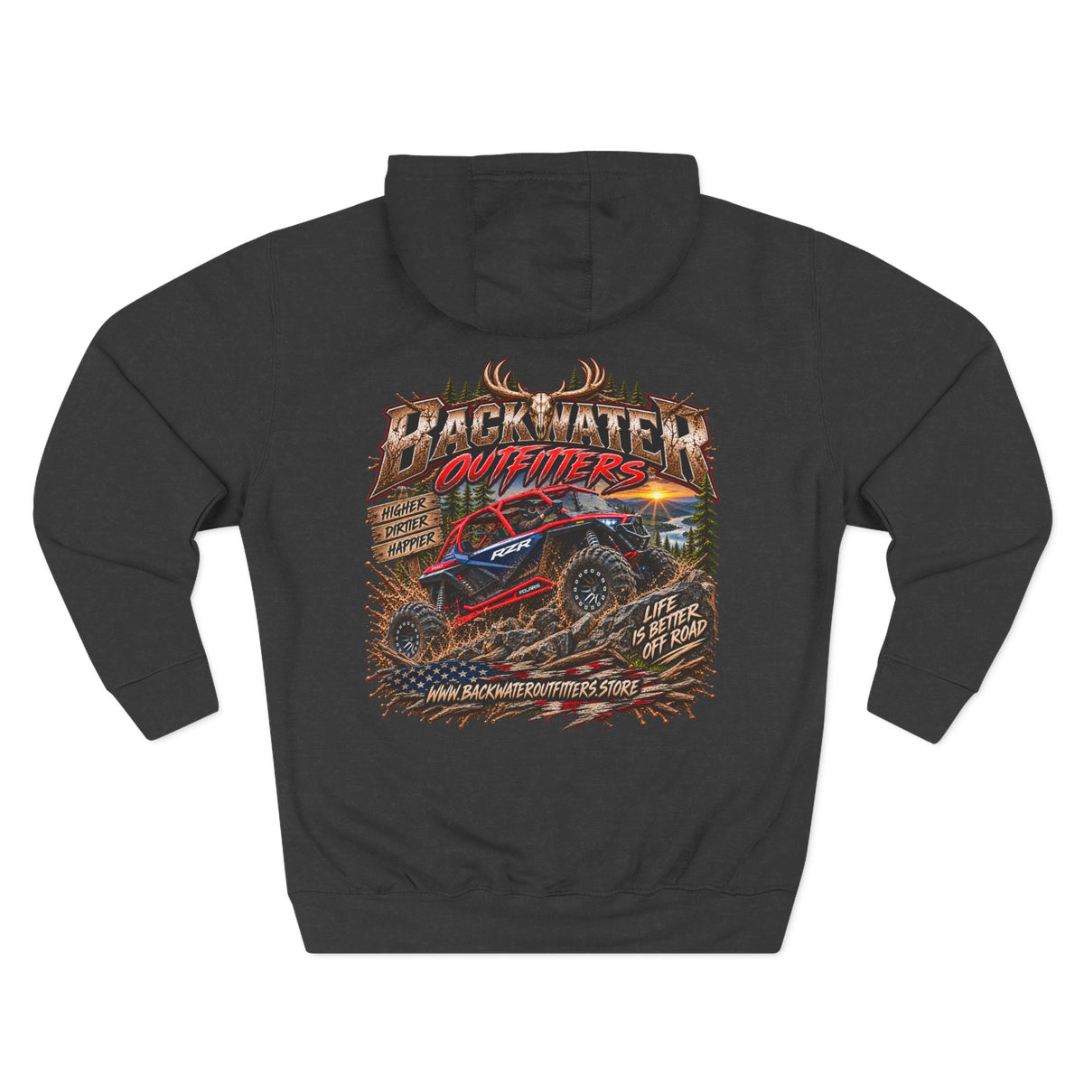 Backwater Outfitters Off-Road Hoodie – American Flag & UTV Graphic Fleece Printify