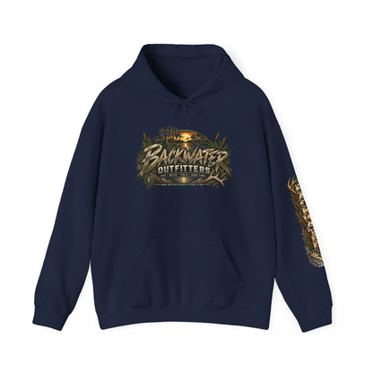 Simply Backwater Outfitters Hoodie — Outdoor Fishing Sunset Graphic Pullover Printify