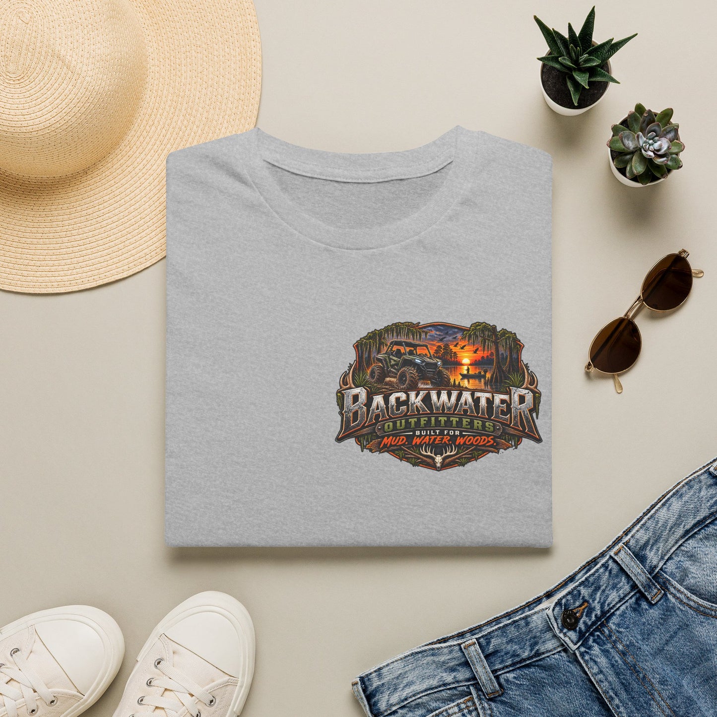 Backwater Outfitters Fishing T-Shirt — Rustic Boat & Campfire Graphic