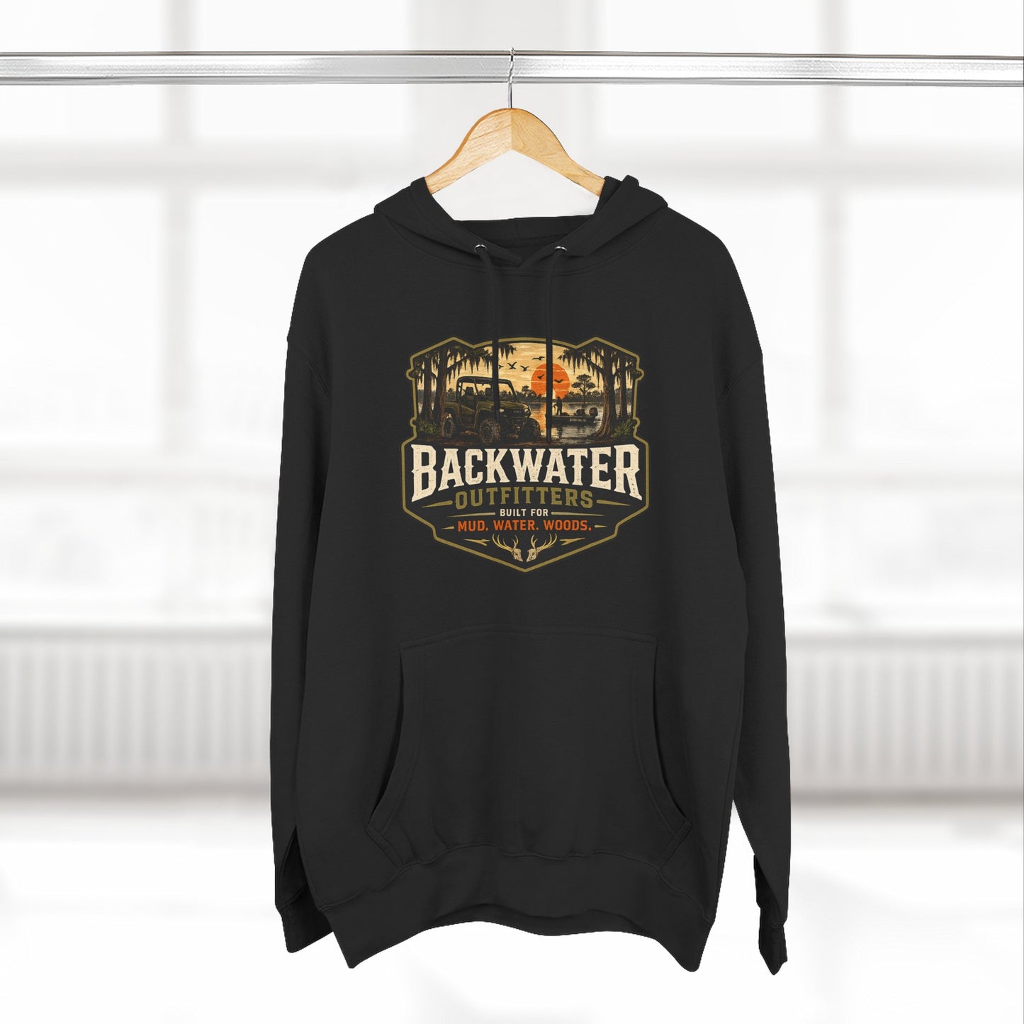 Backwater Outfitters Fishing Hoodie — “My Retirement Plan Has a Trolling Motor” Graphic