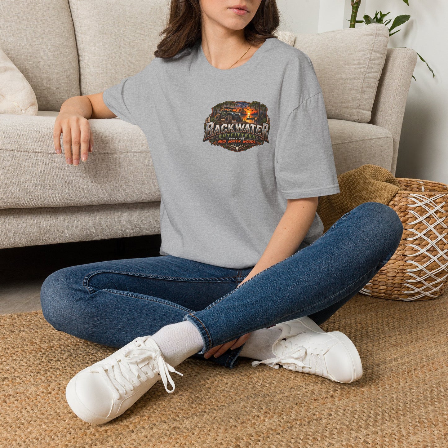 Backwater Outfitters Fishing T-Shirt — Rustic Boat & Campfire Graphic