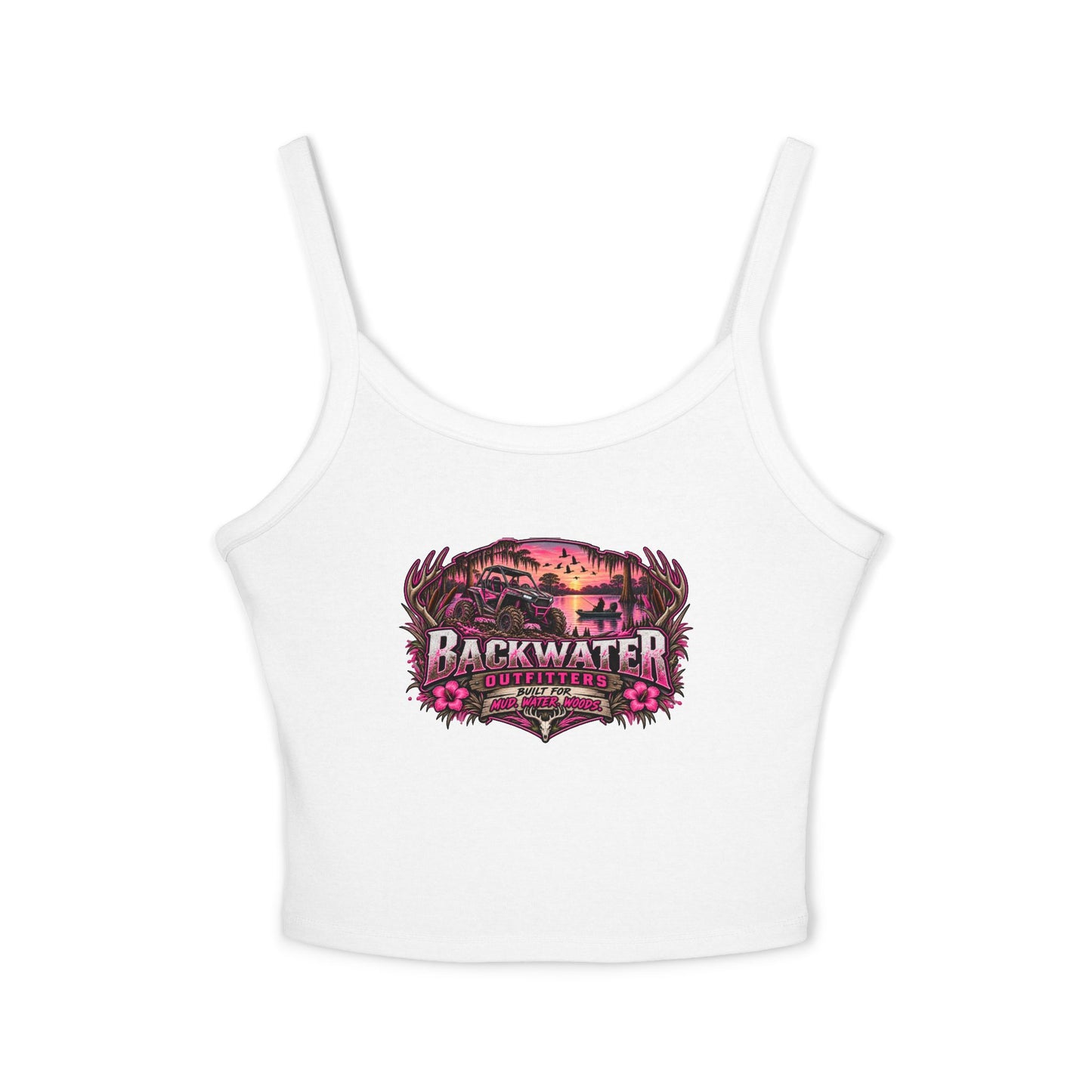 Backwater Outfitters Women's Crop Tank Top – Retro Sunset Fishing Graphic