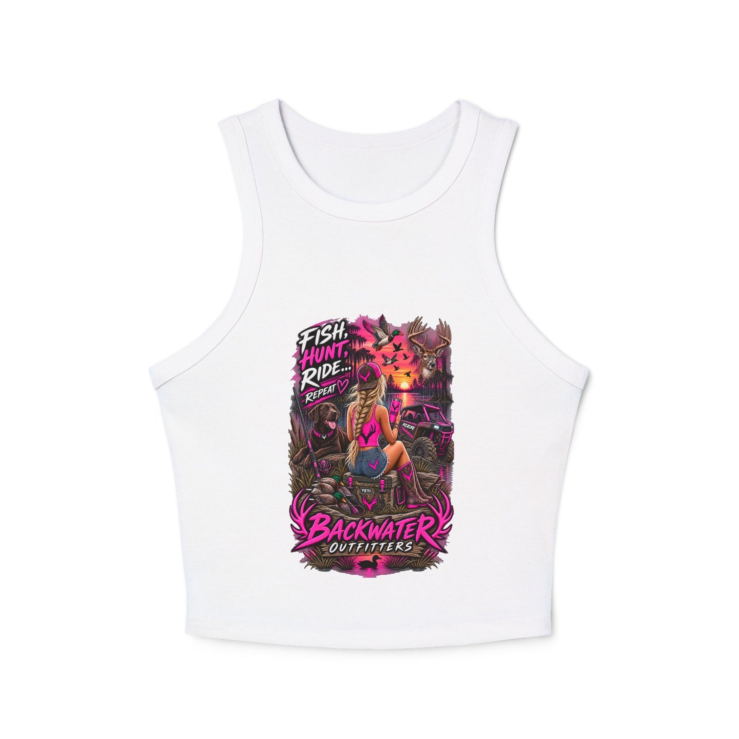 Backwater Outfitters Fish Hunt Ride Tank — Women's Graphic Racer Crop Top