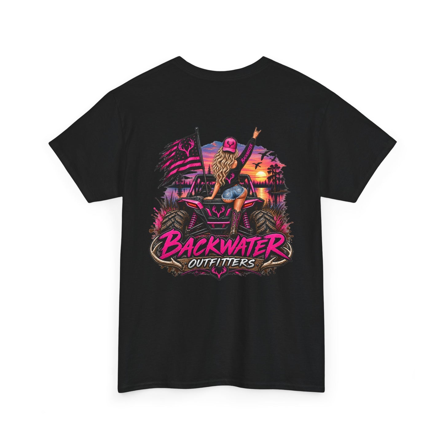 Backwater Outfitters Graphic Tee — Retro Sunset Fishing ATV Shirt