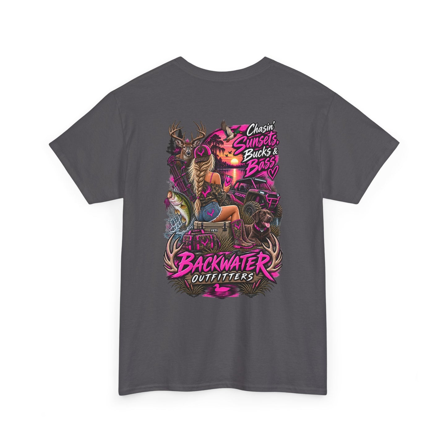 Backwater Outfitters Bass Fishing T‑Shirt — Sunset, Bucks & Bass Graphic Tee