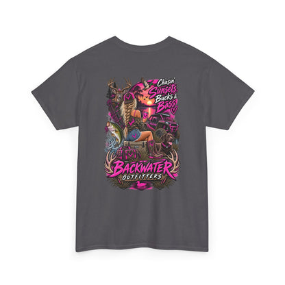 Backwater Outfitters Bass Fishing T‑Shirt — Sunset, Bucks & Bass Graphic Tee