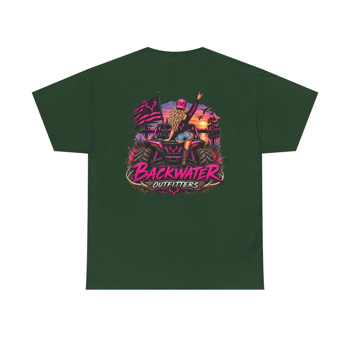 Backwater Outfitters Graphic Tee — Retro Sunset Fishing ATV Shirt