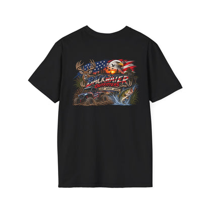 Backwater Outfitters Fishing T-Shirt — American Flag Bass Graphic