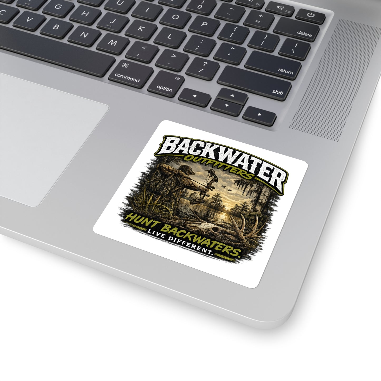 Backwater Outfitters Square Sticker — 'Hunt Backwaters. Live Different.' Outdoor Hunting Decal